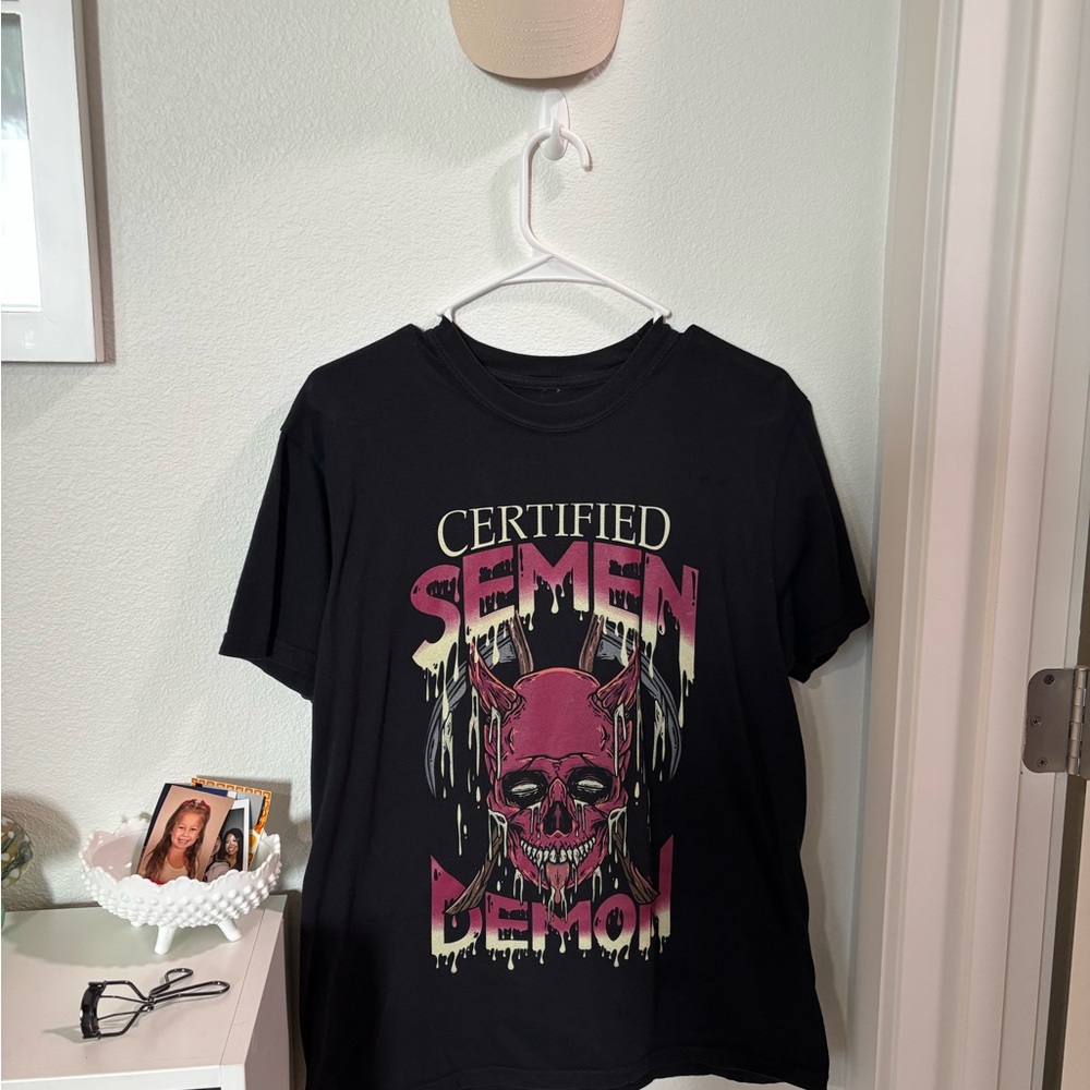 Black Graphic Tee with Pink Demon Design